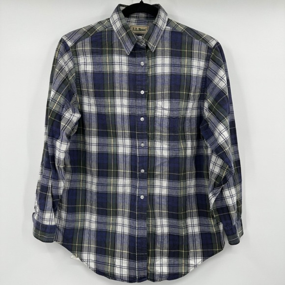 L.L. Bean Men's Navy, White & Olive Plaid Button-Down Shirt